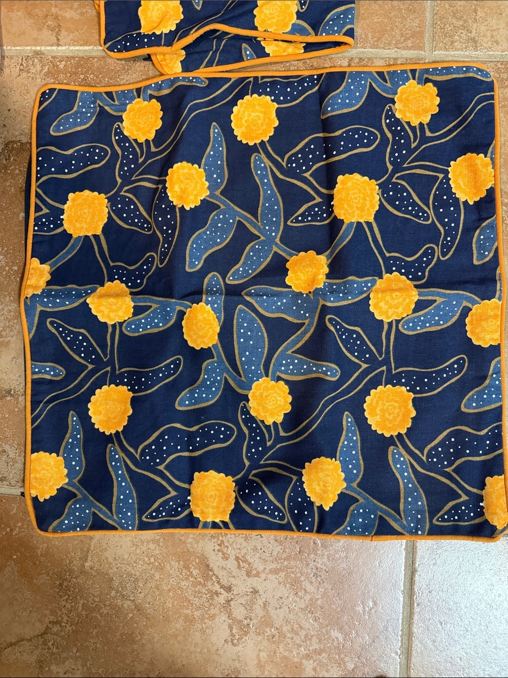 Navy Blue Floral Bedding Square with Yellow Flower Print pillow cover, full.